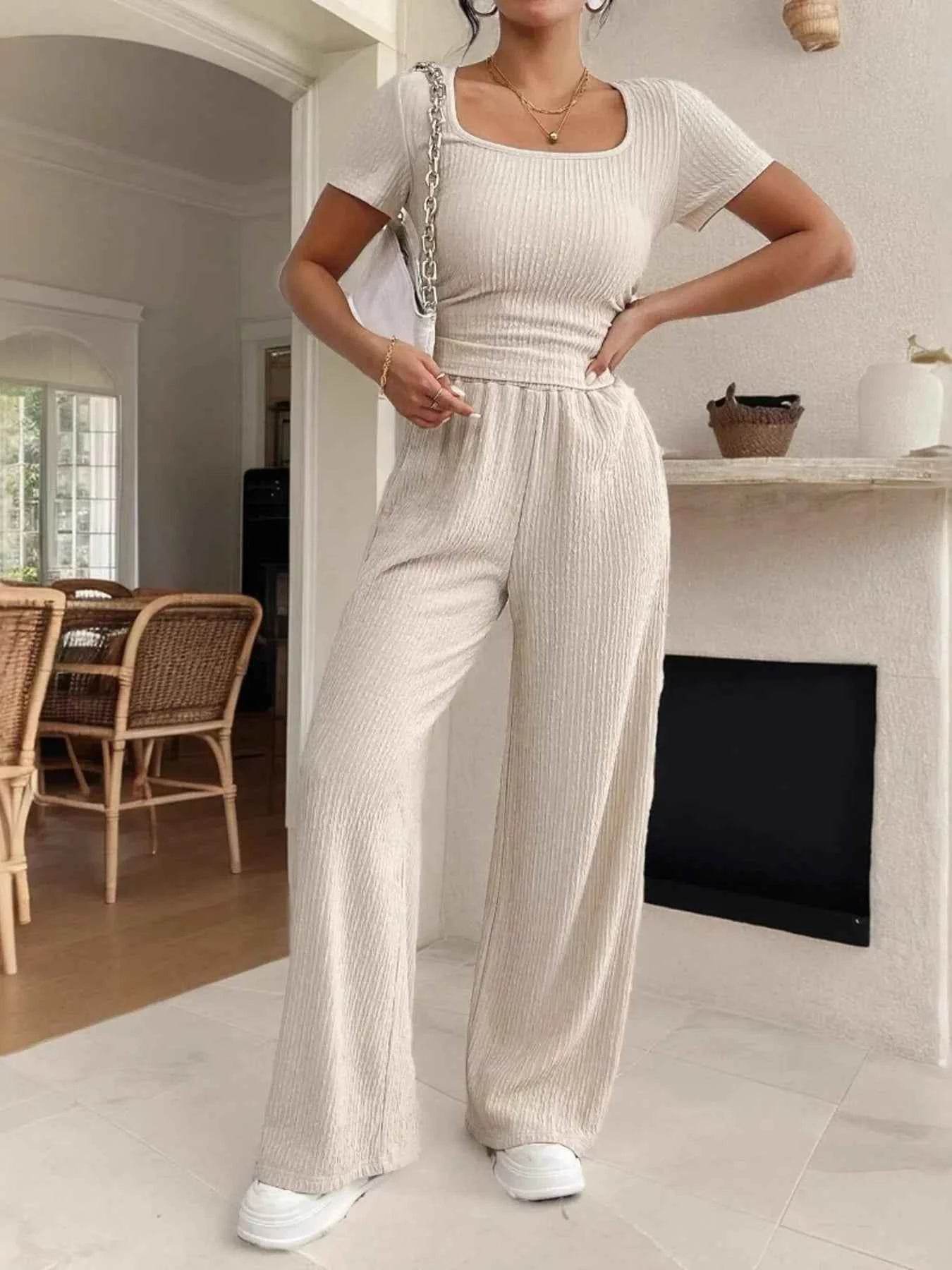 Ribbed Smocked Top and Pants Set for Effortless Style and Comfort - EBYNN