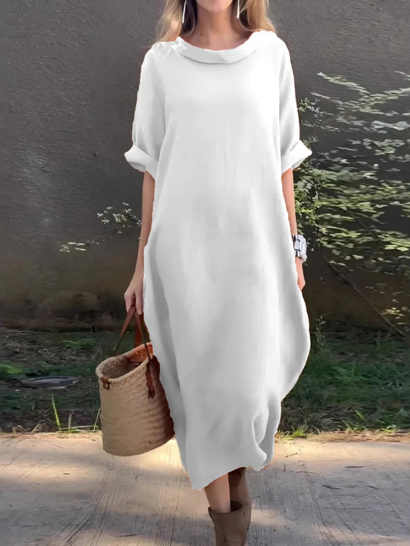 Plus Size Casual Loose Fit Round Neck Midi Dress.
