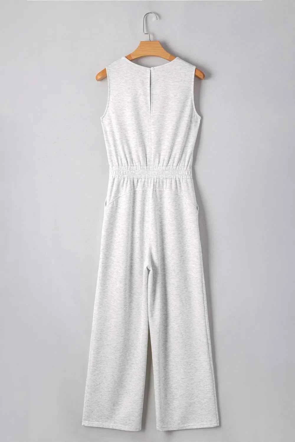 Solid Color High Waist Sleeveless Jumpsuit with Drawstring.