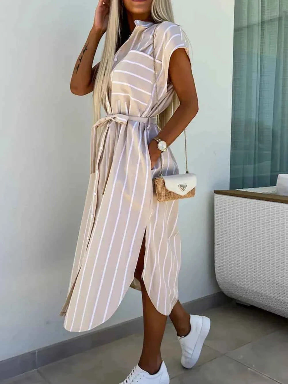 Striped Tie Waist Short Sleeve Dress.