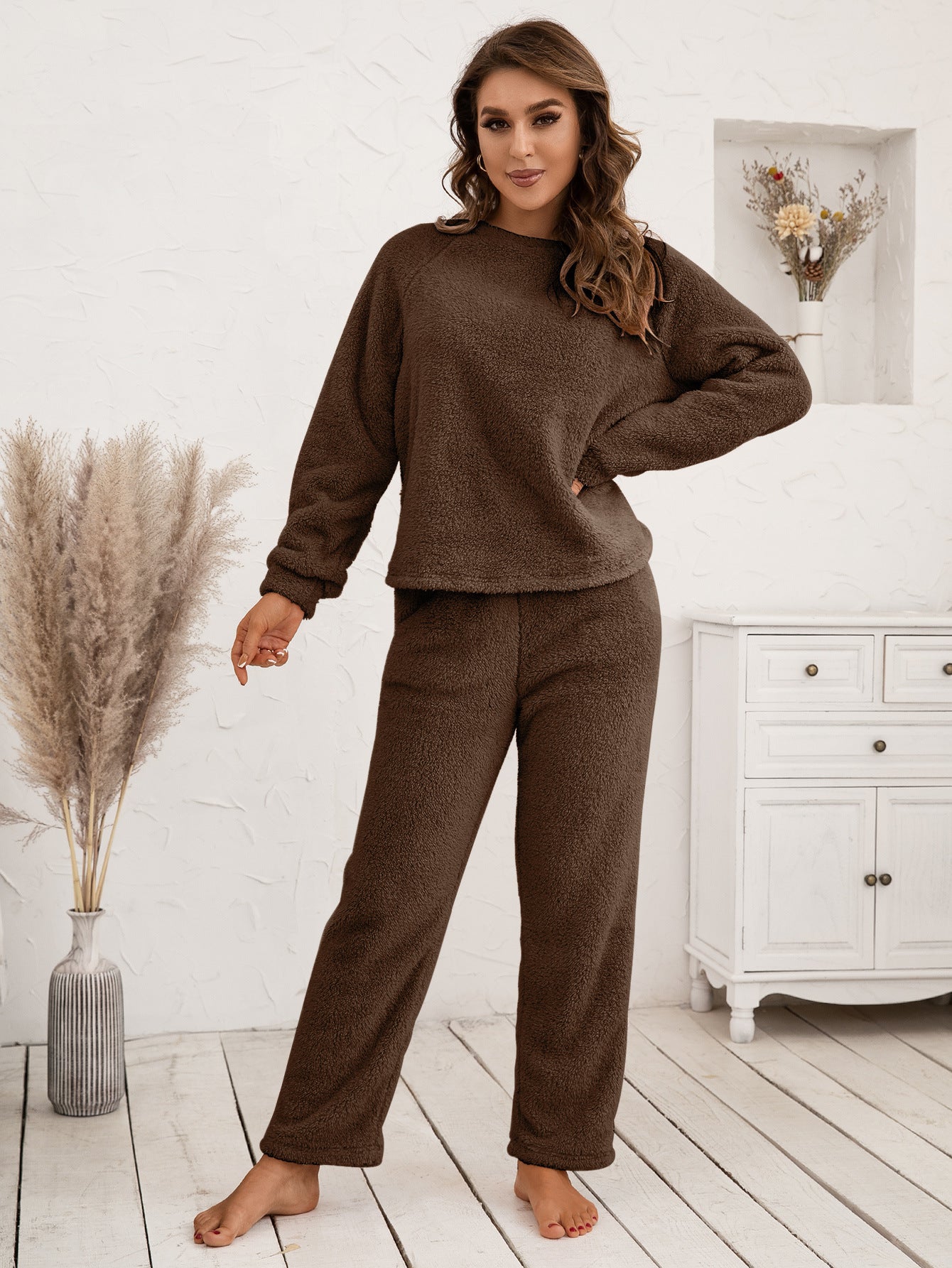 Ivy Lane Teddy Long Sleeve Top and Pants Lounge Set.