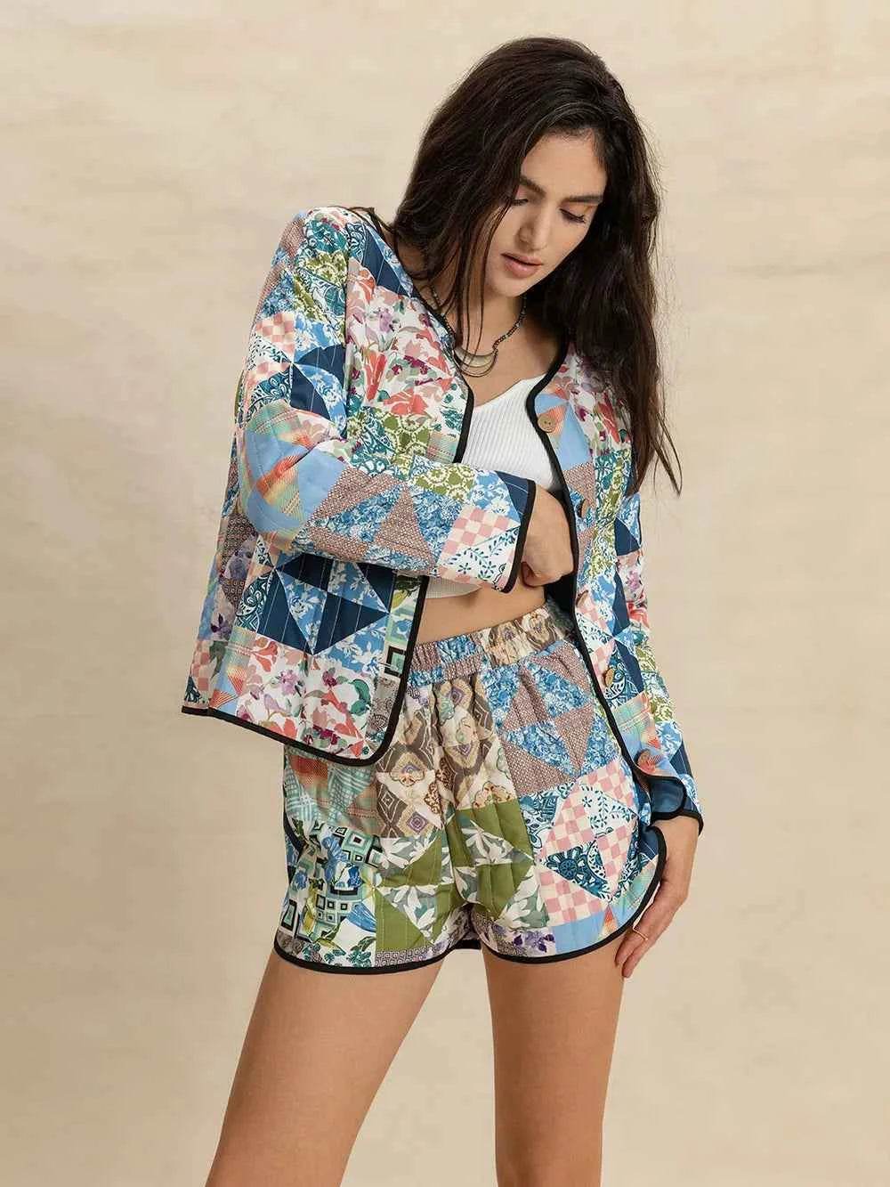 Printed Button Up Long Sleeve Outerwear and Shorts Set - EBYNN