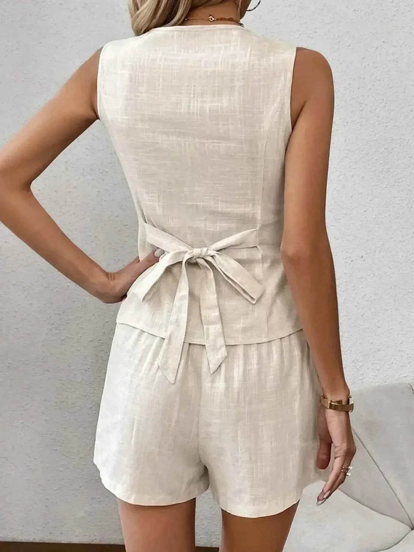 Button Up V-Neck Vest and Shorts Set - Contrast Trim Top and Pants Set - EBYNN