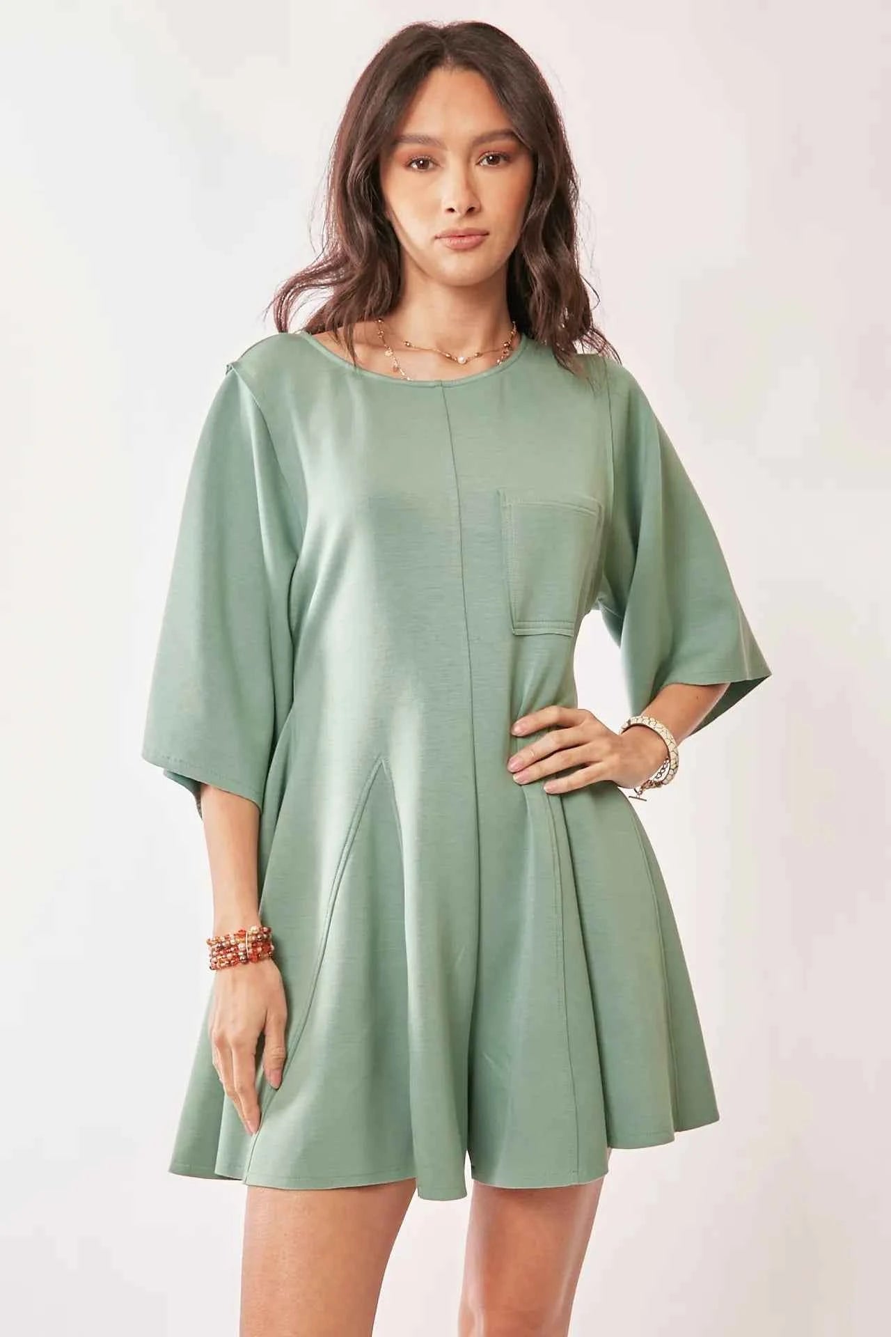 Davi & Dani Sage Green Draped Sleeve Skort Romper.