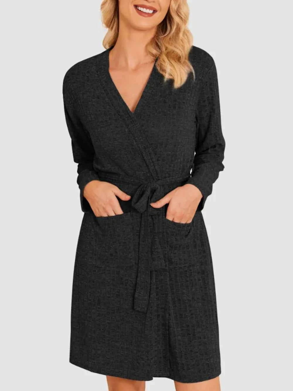 Tied Solid Lounge Nightgown with Pockets.