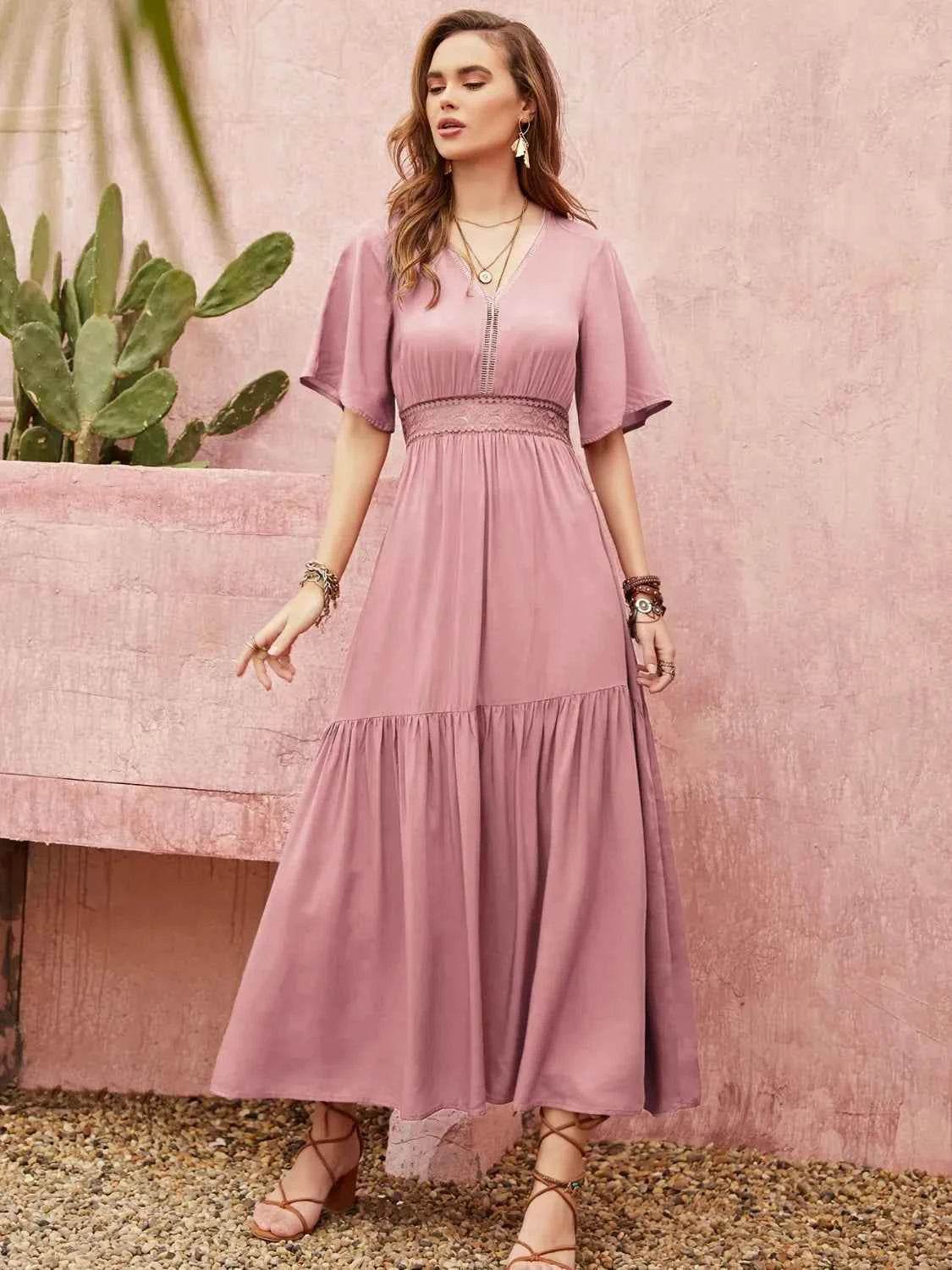 Lace Detail V-Neck Short Sleeve Dress.