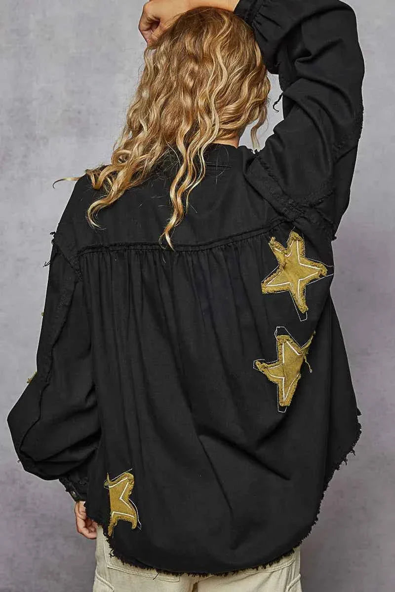 POL Star Patch Raw Hem Denim Jacket.