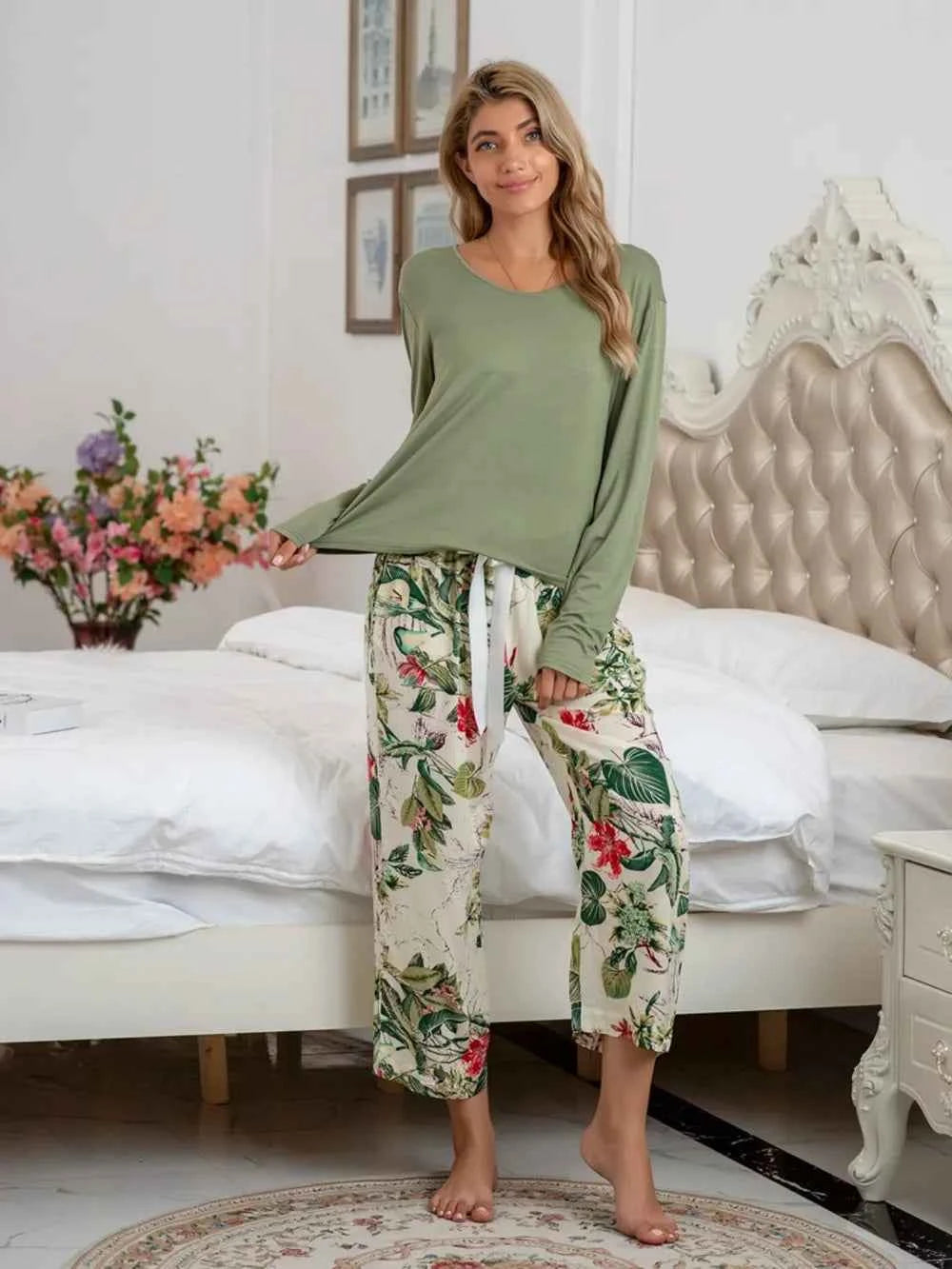 Round Neck Top & Printed Pants Lounge Set.