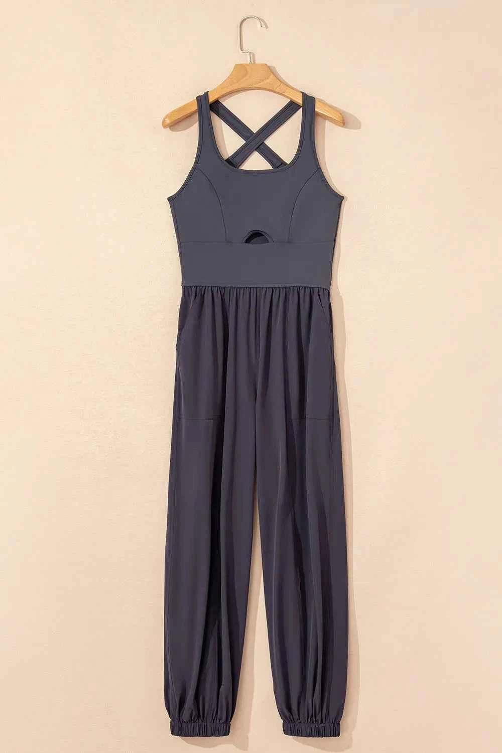 Cutout Square Neck Wide Strap Active Jumpsuit.