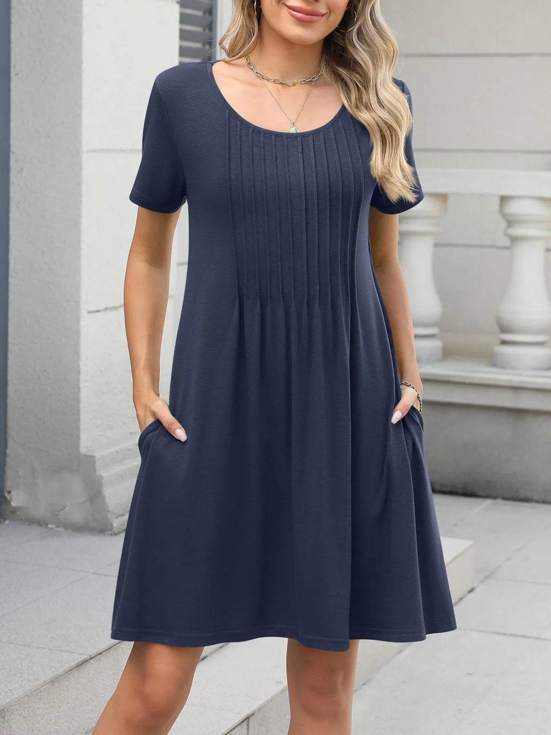 Pleated Front Round Neck Swing Dress.