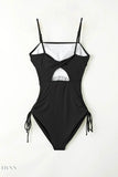 Drawstring One-Piece Swimsuit - Sleek Black Style - EBYNN