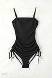 Drawstring One-Piece Swimsuit - Sleek Black Style - EBYNN