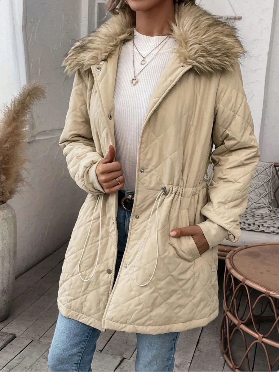 Drawstring Snap Down Long Sleeve Jacket.