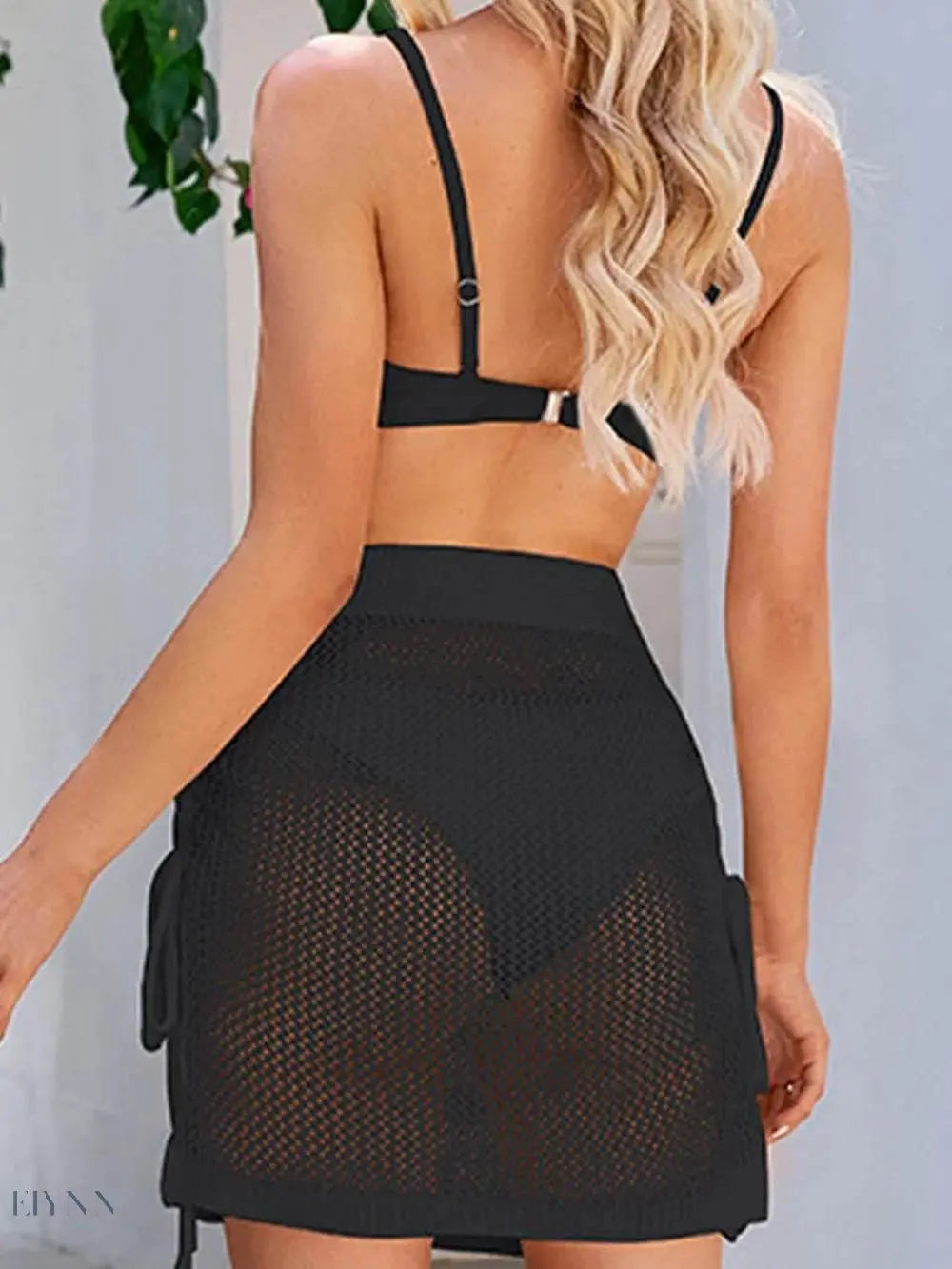 Black Drawstring Swim Skirt with mesh design, perfect for beach days and pool parties