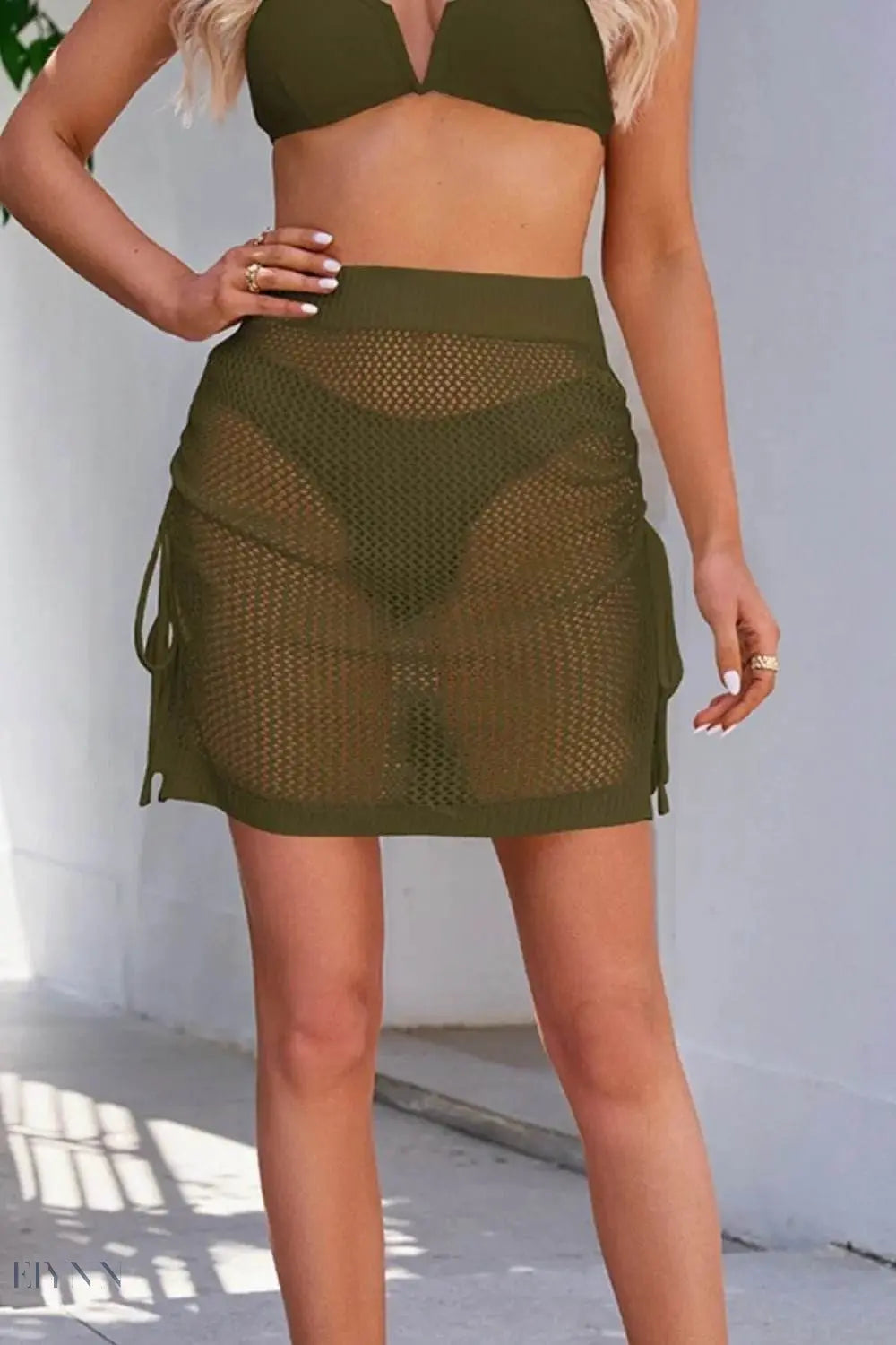 Olive Green Drawstring Swim Skirt with Sheer Mesh Design for Beach and Pool Wear