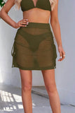 Olive Green Drawstring Swim Skirt with Sheer Mesh Design for Beach and Pool Wear