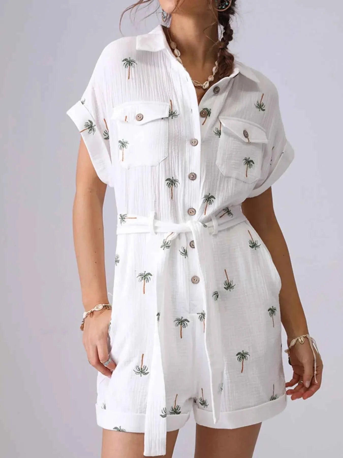 Palm Tree Print Short Sleeve Button-Up Romper with Belt.