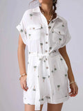 Palm Tree Print Short Sleeve Button-Up Romper with Belt.