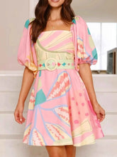 Colorful Print Belted Mini Dress with Puff Sleeves.