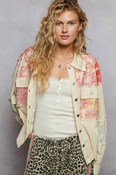 POL Printed Woven Mix Raw Hem Jacket with Lace Detail.