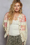 POL Printed Woven Mix Raw Hem Jacket with Lace Detail.
