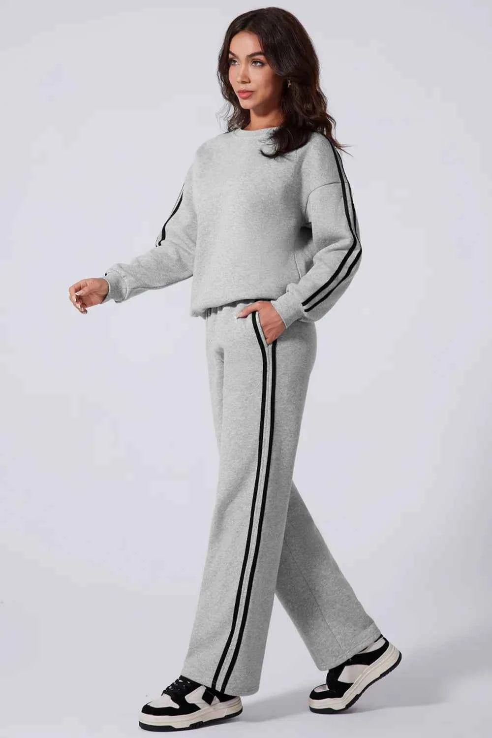 Side Striped Round Neck Active Set - Top & Pants.