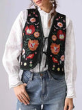 Floral Embroidered Lace-Up Vest.