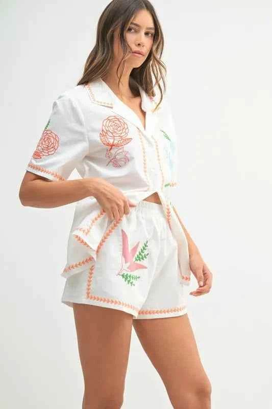 MABLE Embroidered Button Down Shirt and Shorts Set - EBYNN