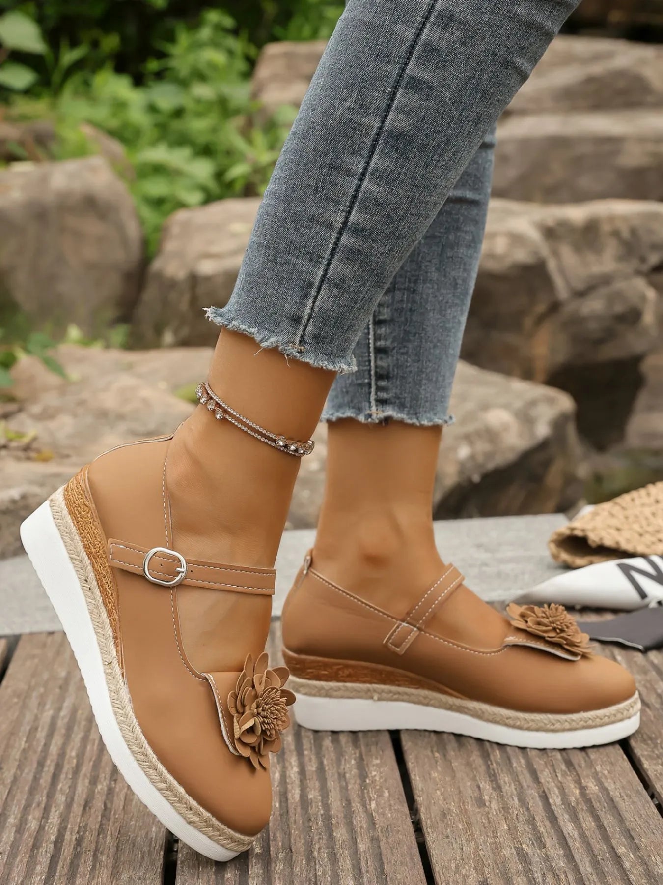 Flower Embellished Mary Jane Loafers.