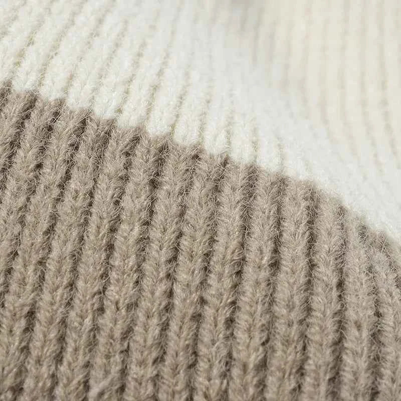 Color Block Knit Hat with Pom-pom.