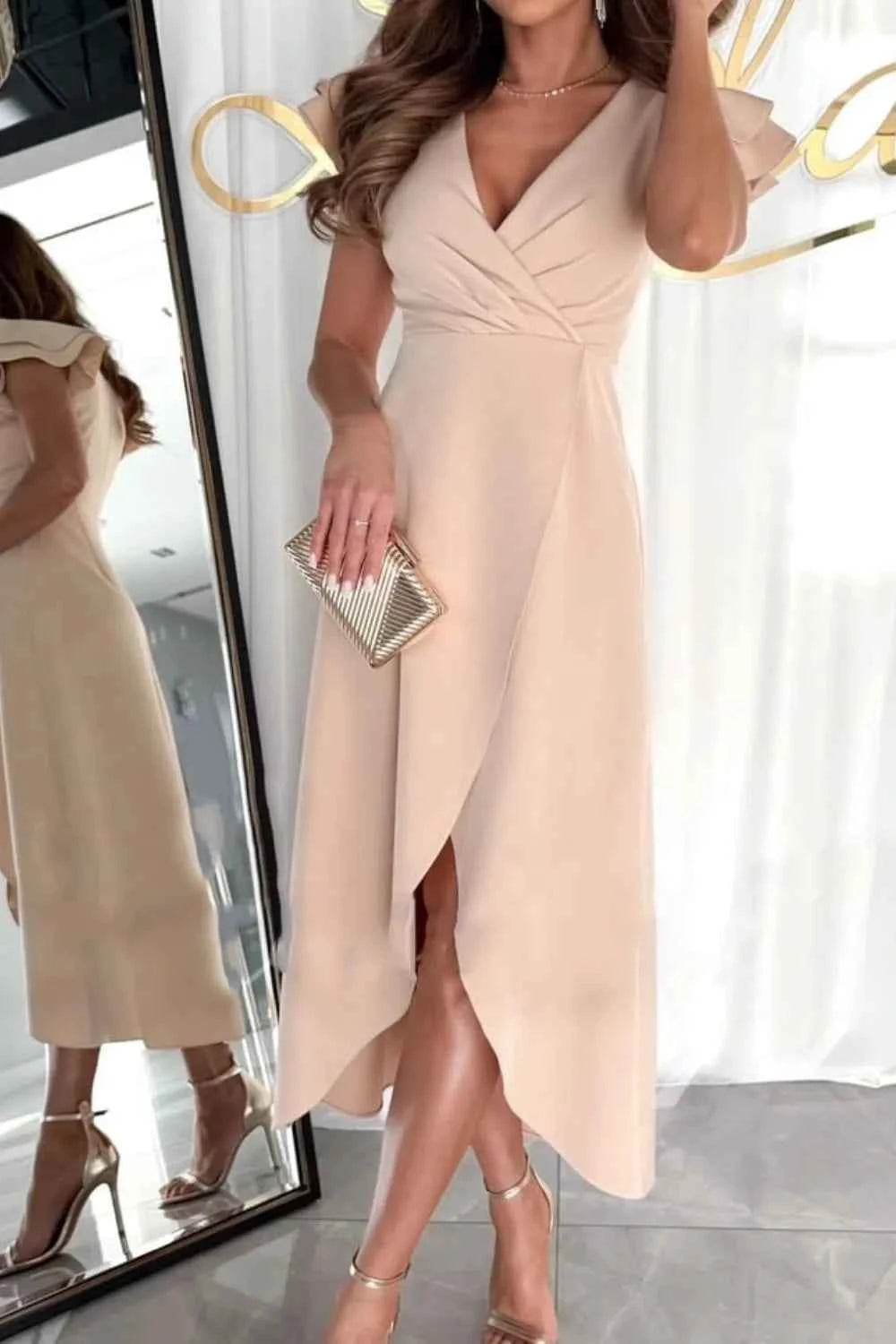 Surplice Ruffled Cap Sleeve Zip Back Dress.