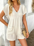 V-Neck Casual Short Sleeve Romper with Pockets.
