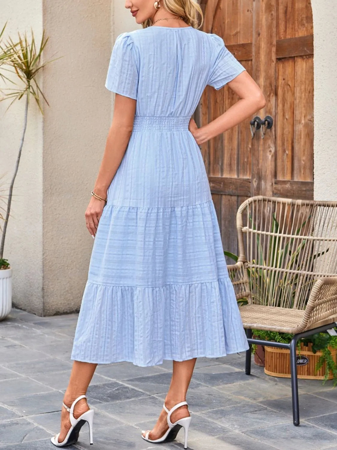 Tiered Notched Short Sleeve Dress.