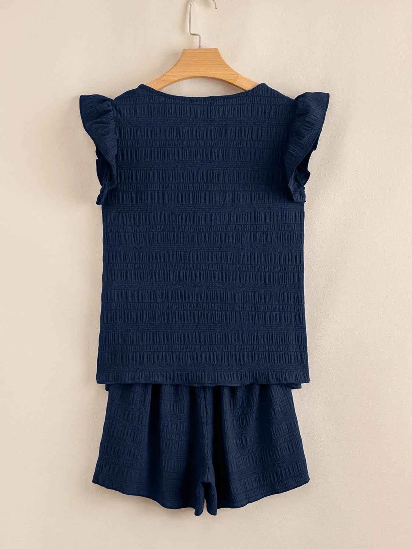 Textured Square Neck Top Set with Shirred High Waist Shorts - EBYNN