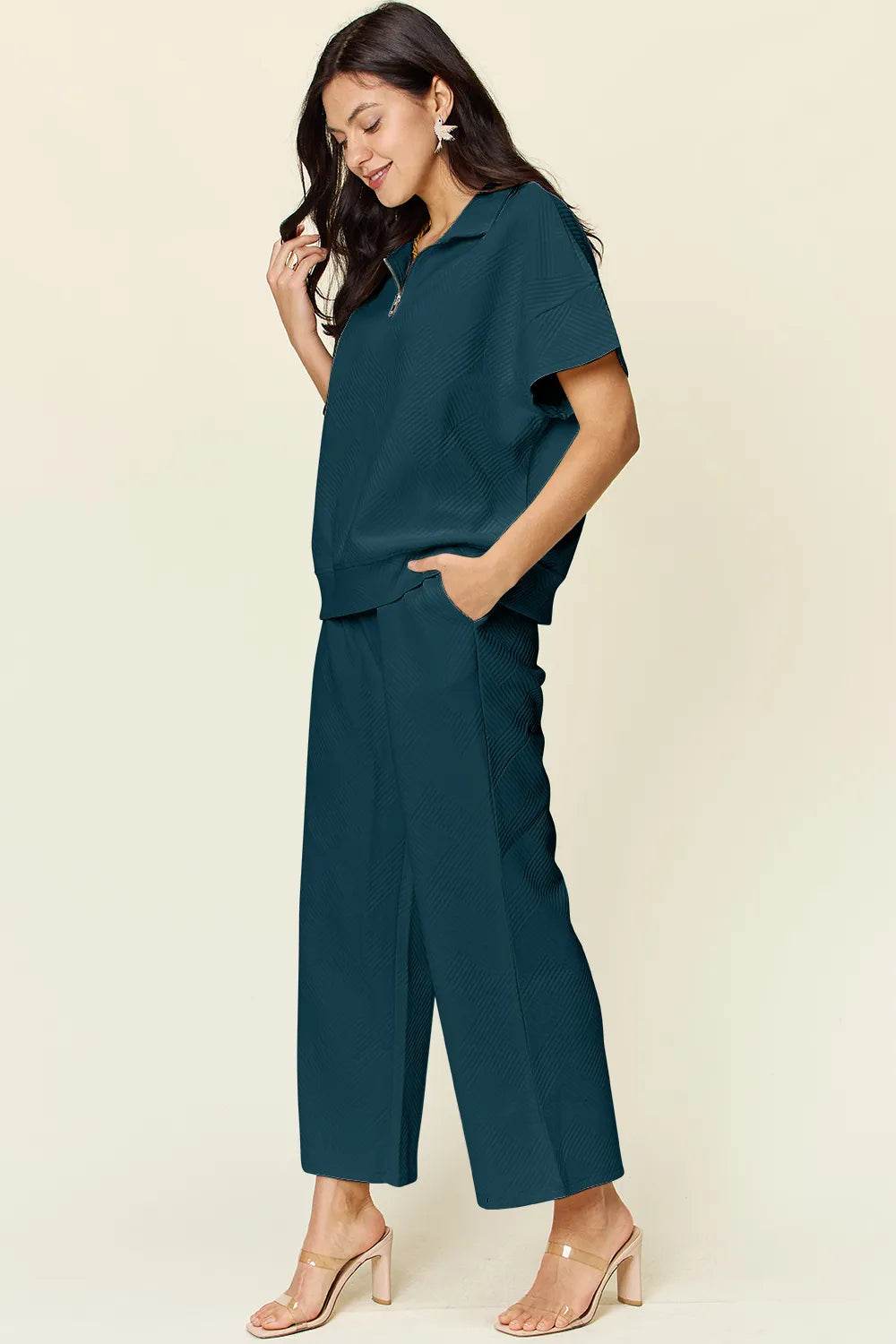 Double Take Texture Set: Full Size Half Zip Top & Pants Set - EBYNN
