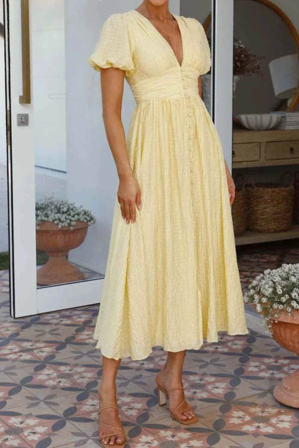 V-Neck Puff Short Sleeve Midi Dress.