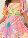 Colorful Print Belted Mini Dress with Puff Sleeves.