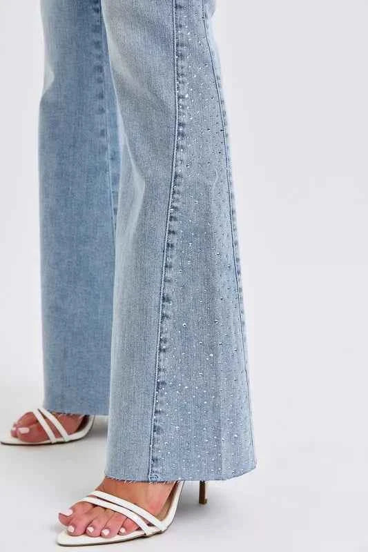 Judy Blue Plus Size Mid Rise Flare Jeans with Rhinestone Detail.