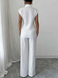Collared Neck Cap Sleeve Two-Piece Top and Pants Set.
