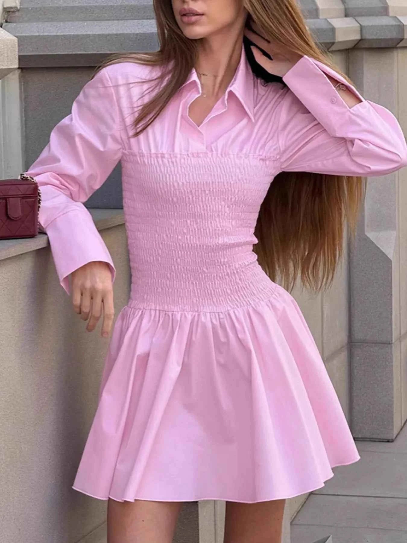 Smocked Long Sleeve Shirt Dress.