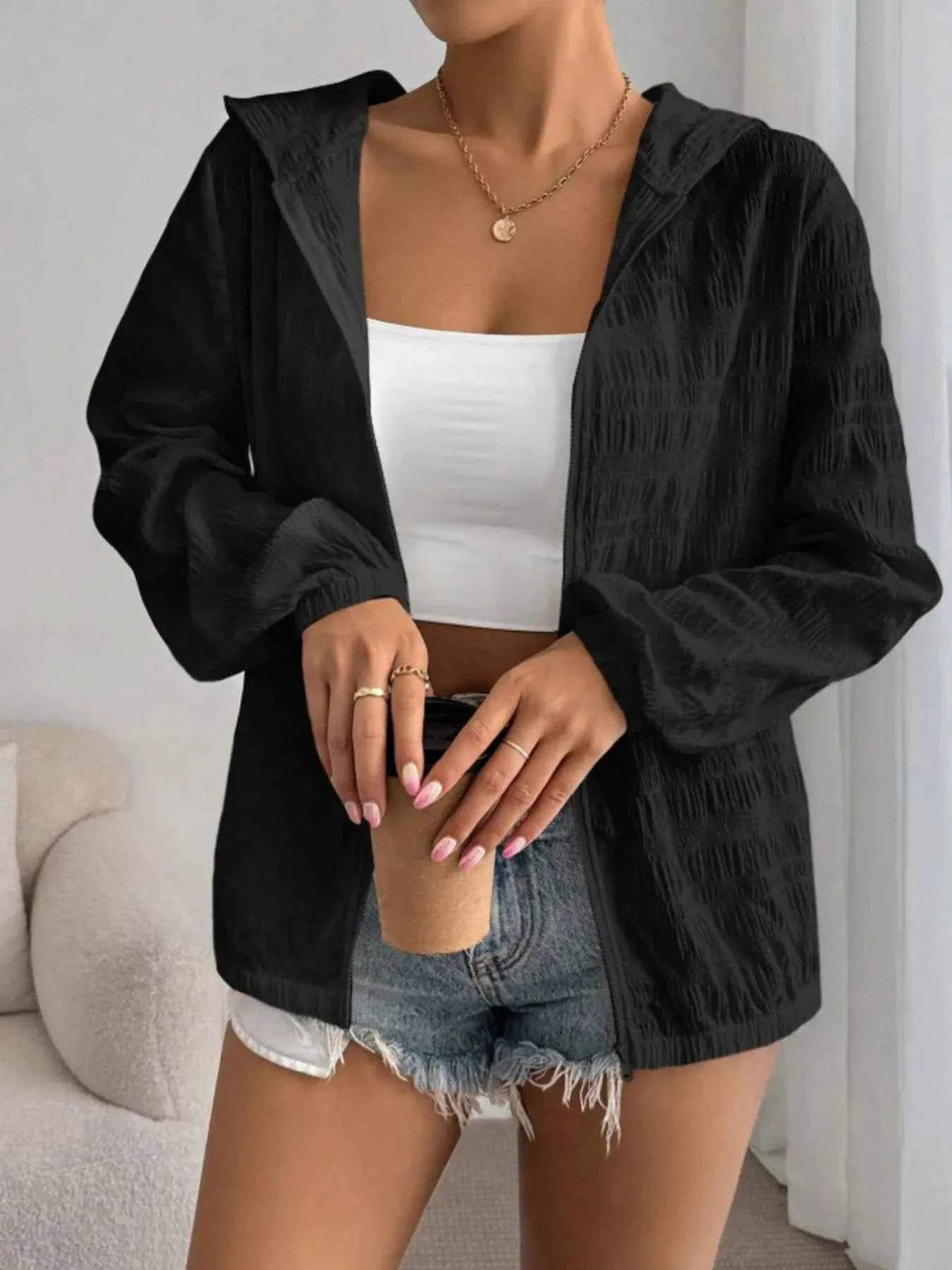 Zip Up Long Sleeve Hooded Jacket.