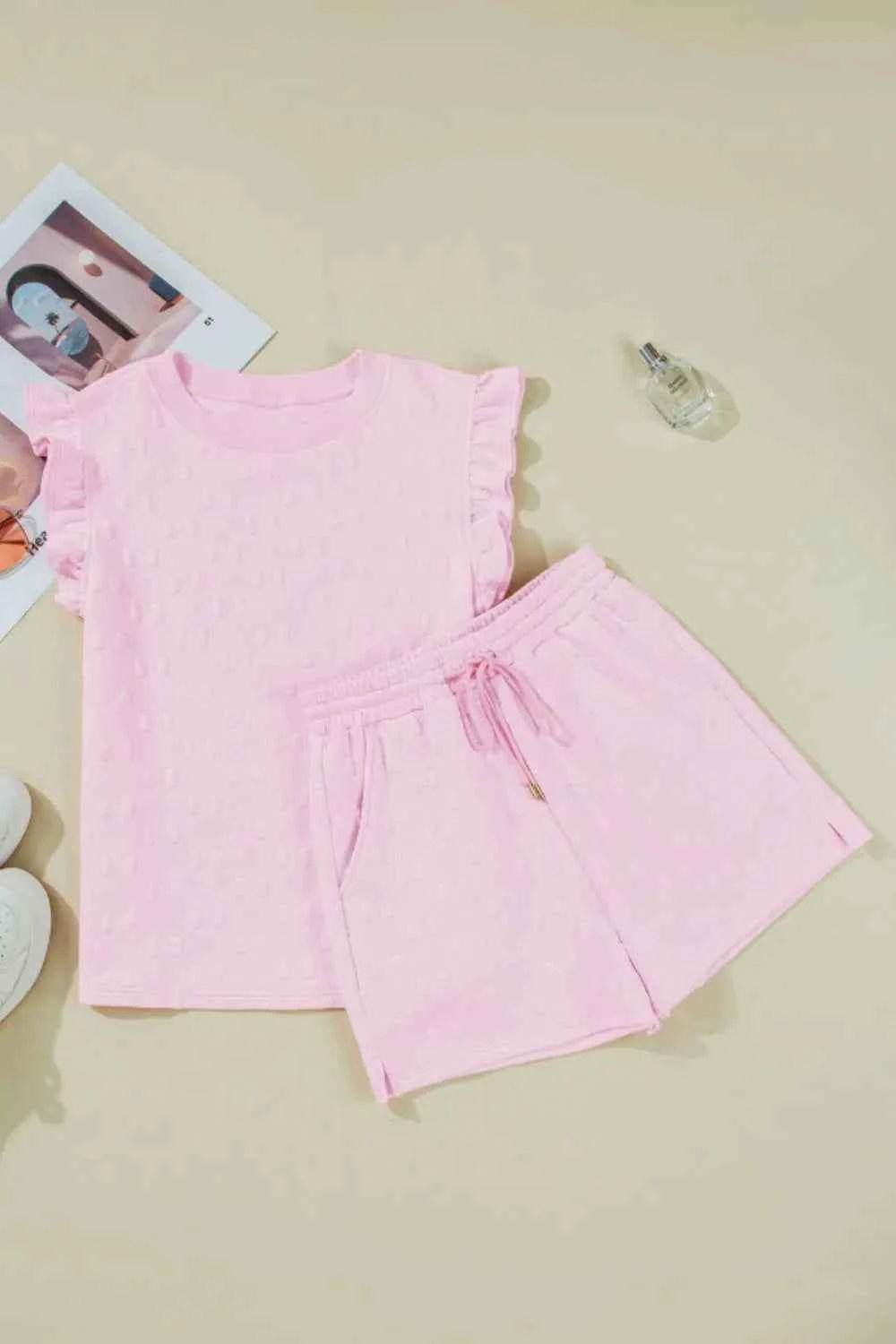 Bow Jacquard Ruffle Top Set with Cap Sleeve and Shorts - EBYNN