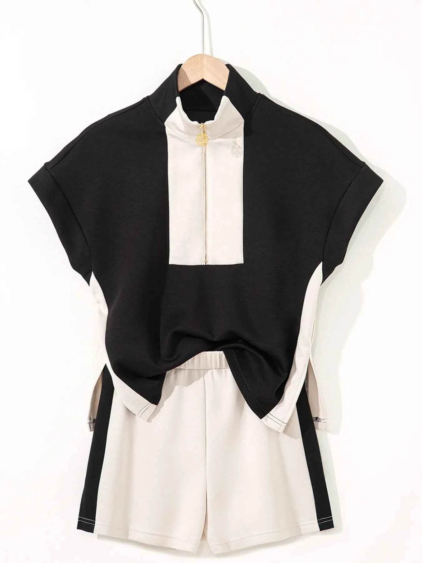 Color Block Half Zip Top & Shorts Two-Piece Set - EBYNN