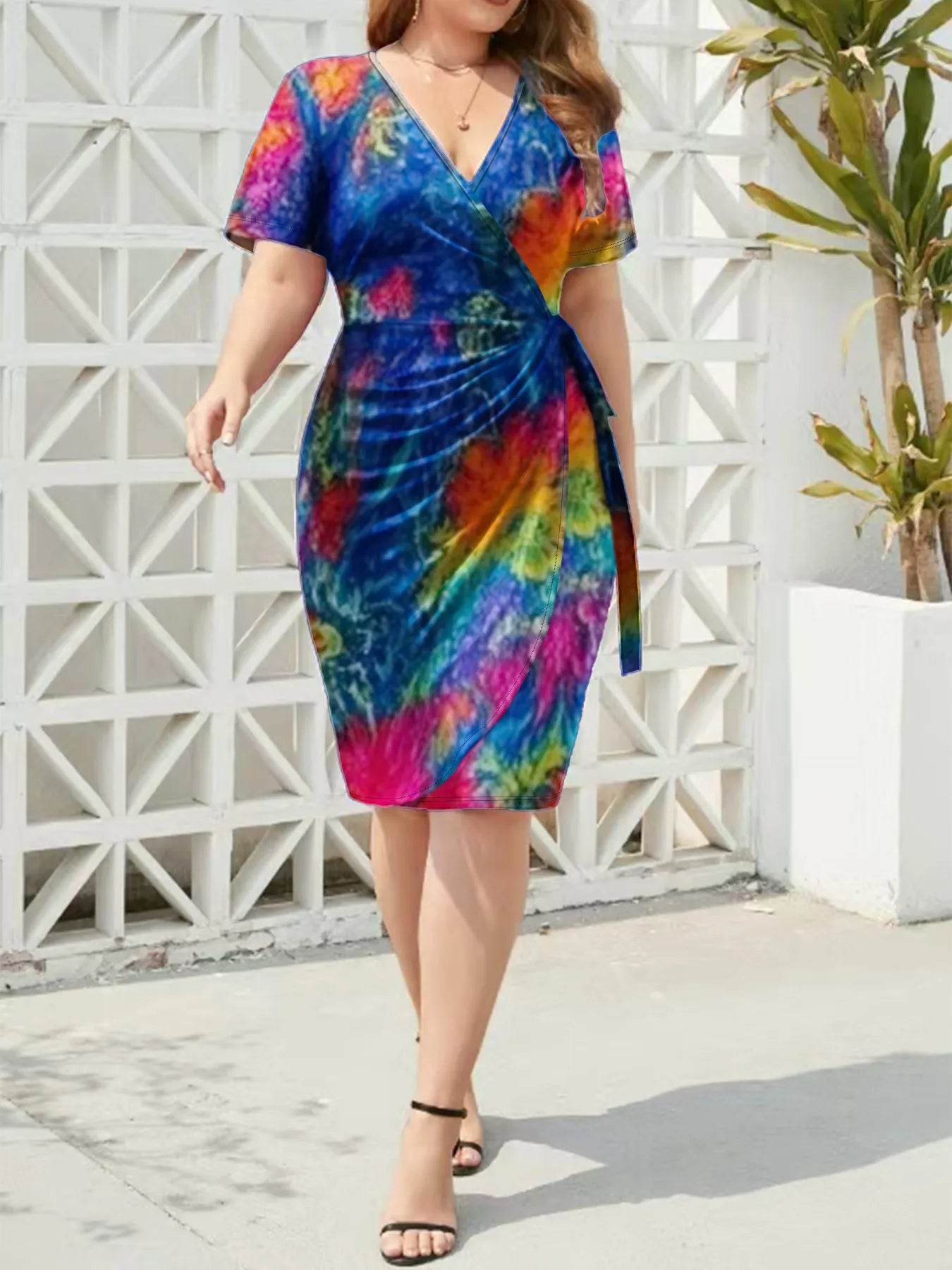 Elegant Surplice Short Sleeve Dress.