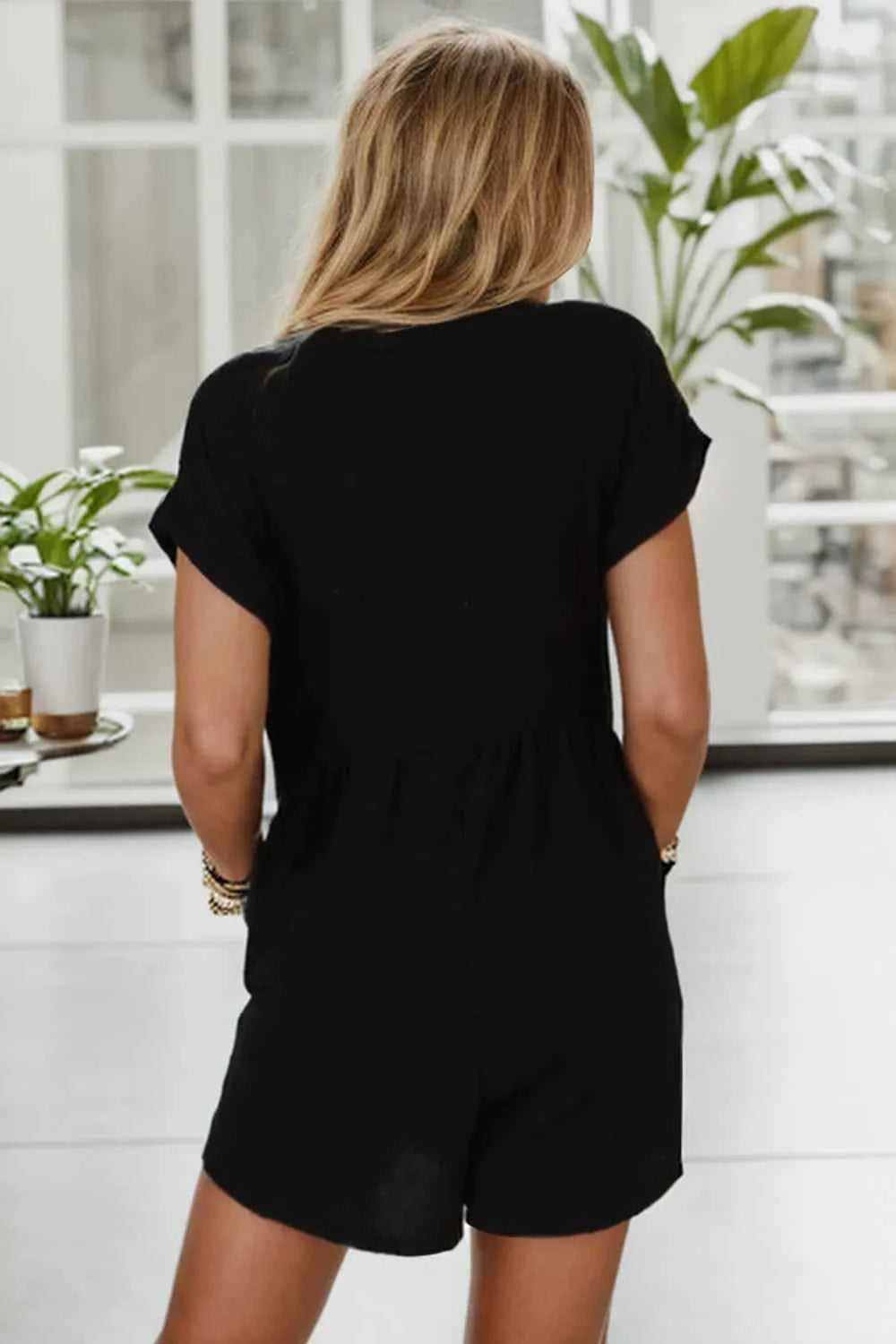 Pocketed V-Neck Short Sleeve Romper.