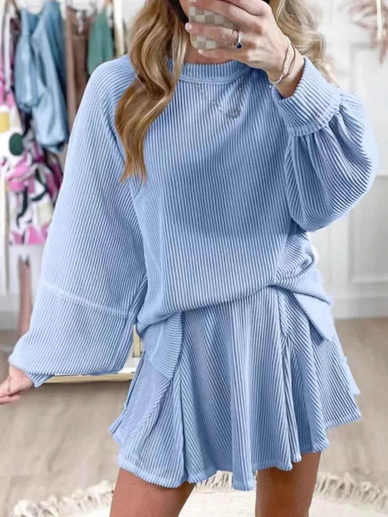 Ribbed Knit Balloon Sleeve Top and Skirt Set - EBYNN