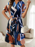 Abstract Print Belted Midi Dress - Short Sleeve.