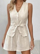 Button Up V-Neck Vest and Shorts Set - Contrast Trim Top and Pants Set - EBYNN