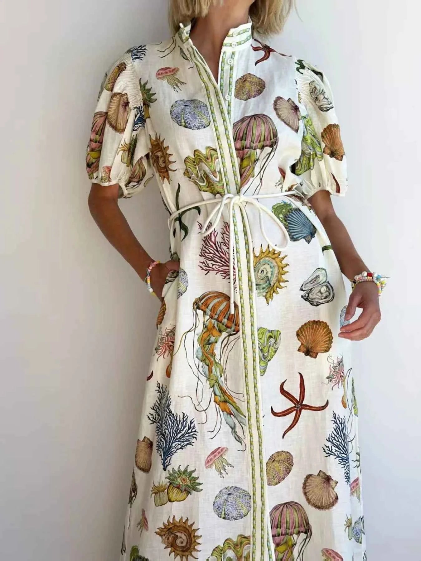 Printed Short Sleeve Shirt Dress.