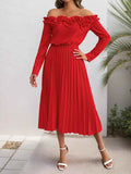 Off-Shoulder Ruffle Pleated Midi Dress.